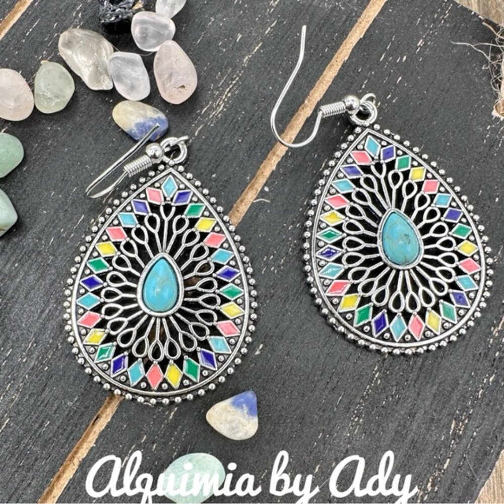 Statement turquoise mandala drops silver earrings - Picture 1 of 1